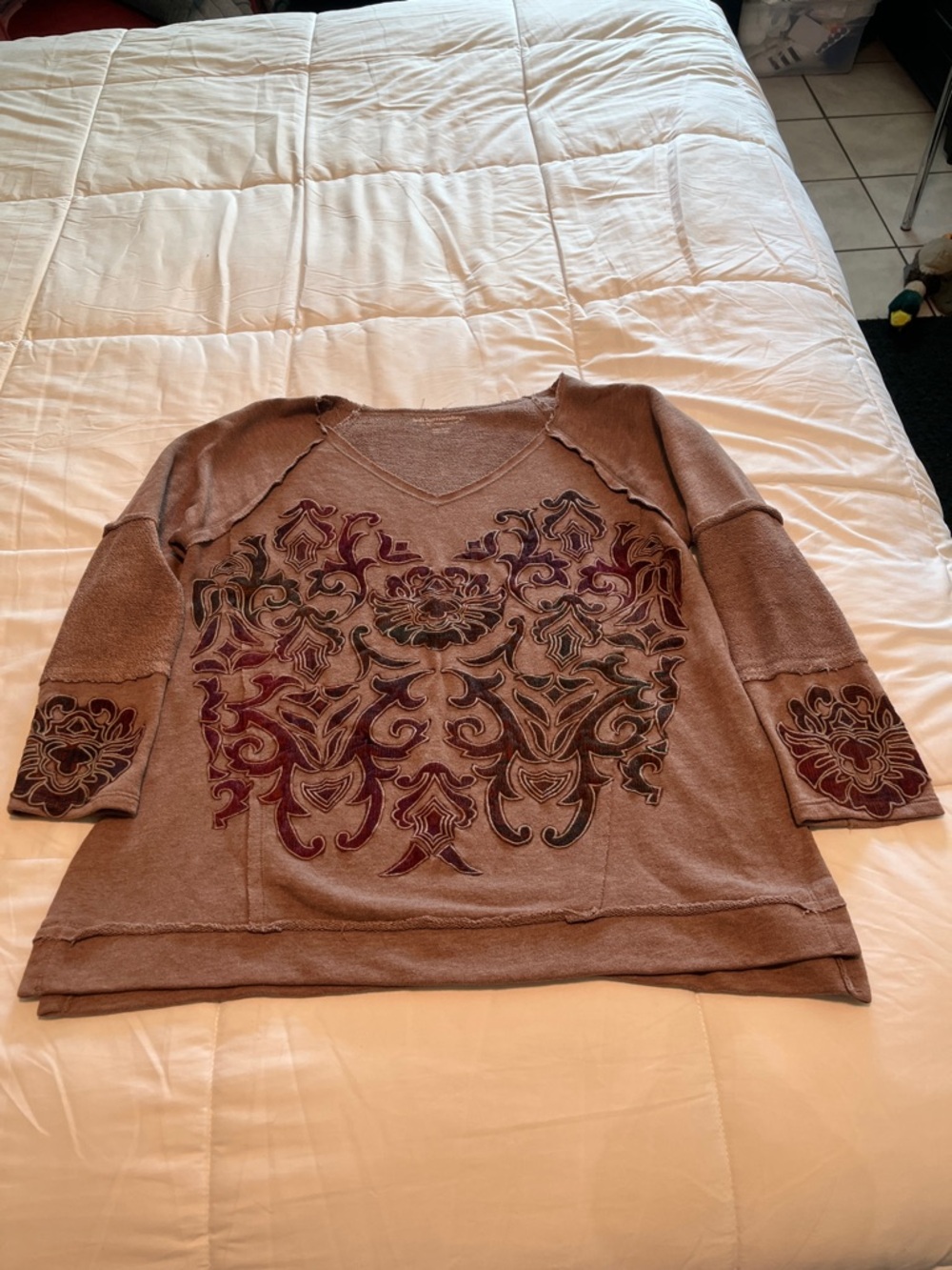 Soft Surroundings Taupe V-Neck Sweater with Burgundy and Olive Embroidery
